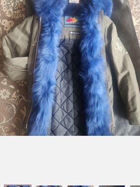 Moose Knuckles Olive Green Puffer Jacket with Royal Blue Fur Trim